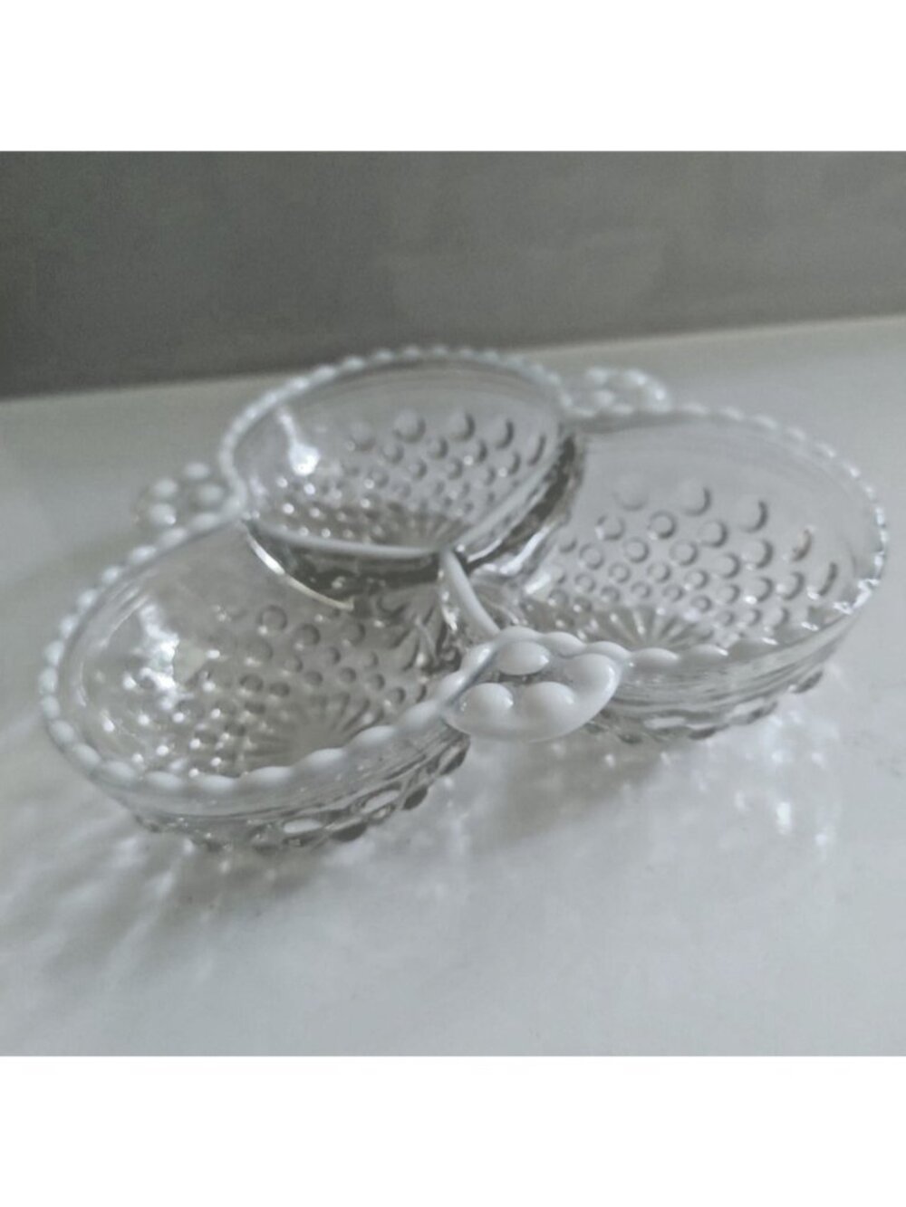 Vintage Anchor Hocking Moonstone Hobnail three-section divided serving dish